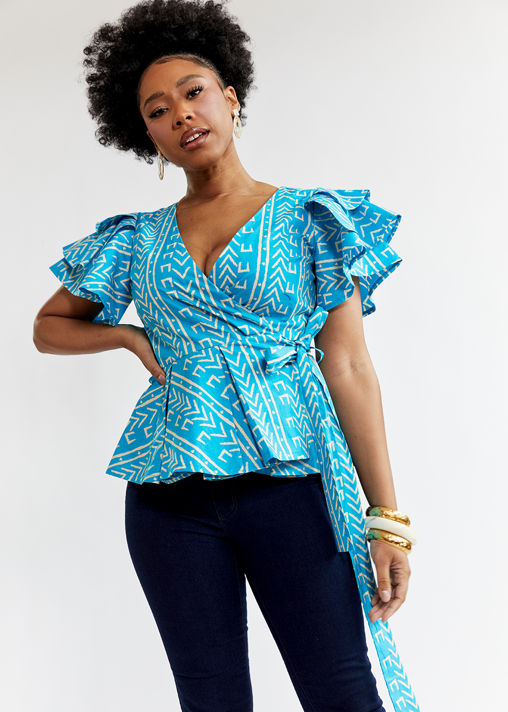 Sankofa Women's African Print Peplum Top (Sky Blue Mudcloth) - Clearan
