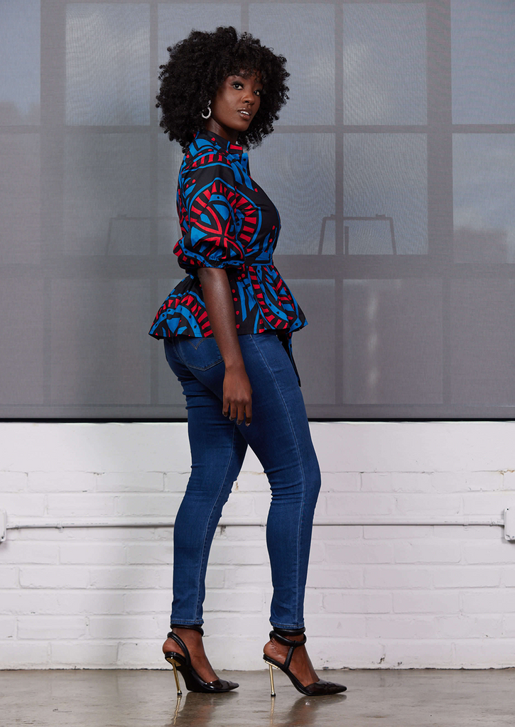 Aega Women's African Print Peplum Blouse (Blue Red Tiles)