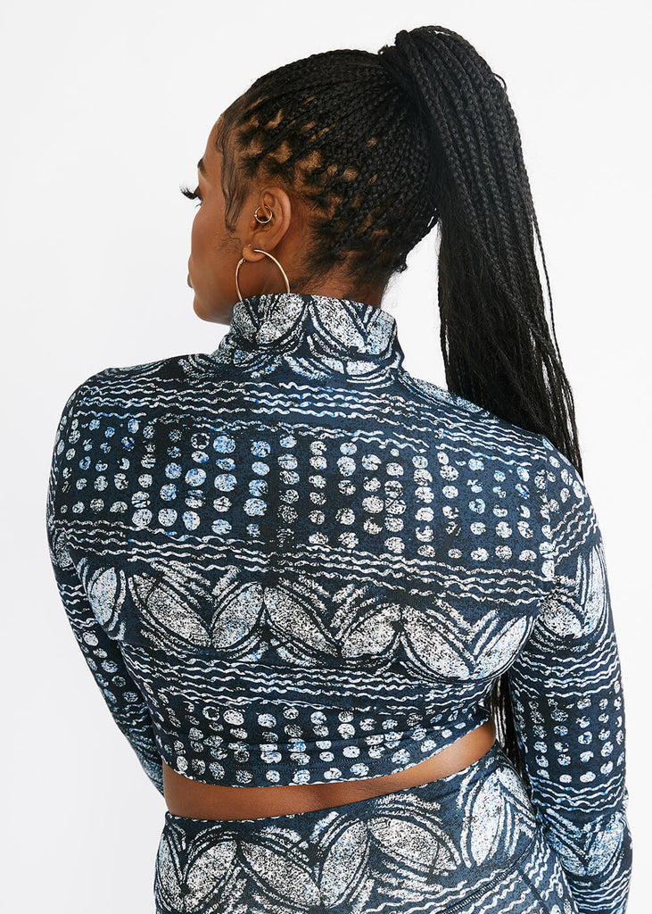 Anaya Women's African Print Zip-Up Crop Top (Navy Gray Adire)