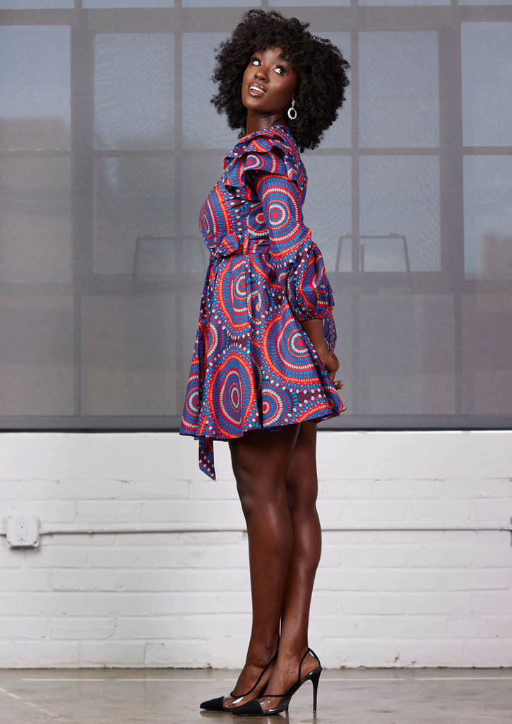Anola Women's African Print Dress (Red Indigo Circles)