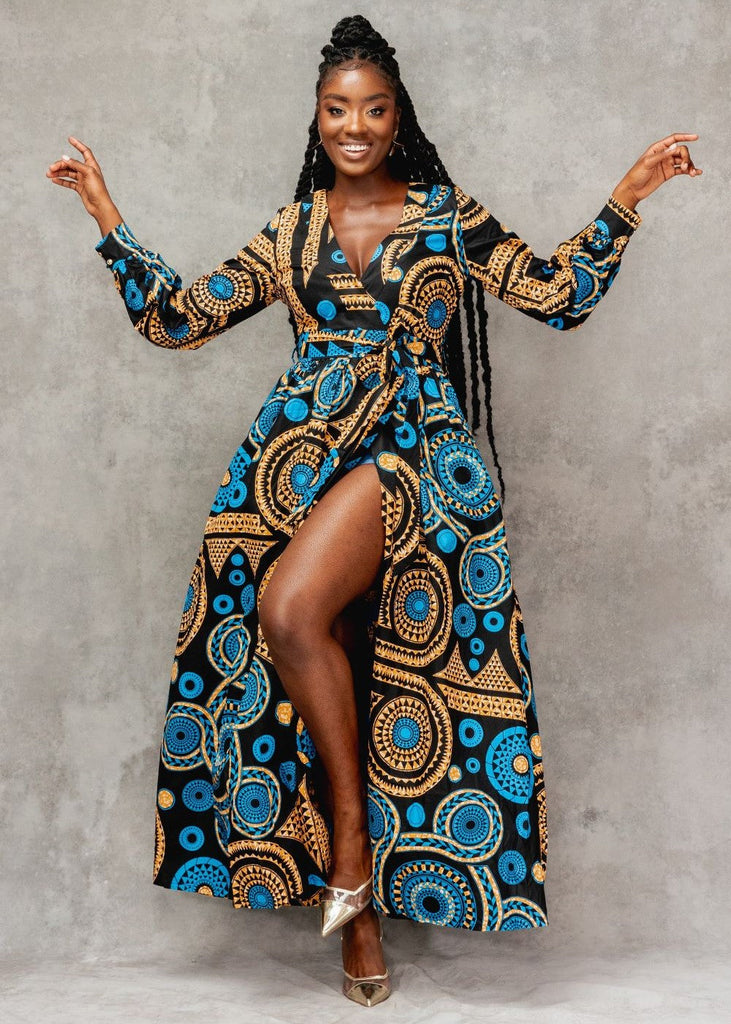 Rehema Women's African Print Maxi Dress (Blue Mandala)