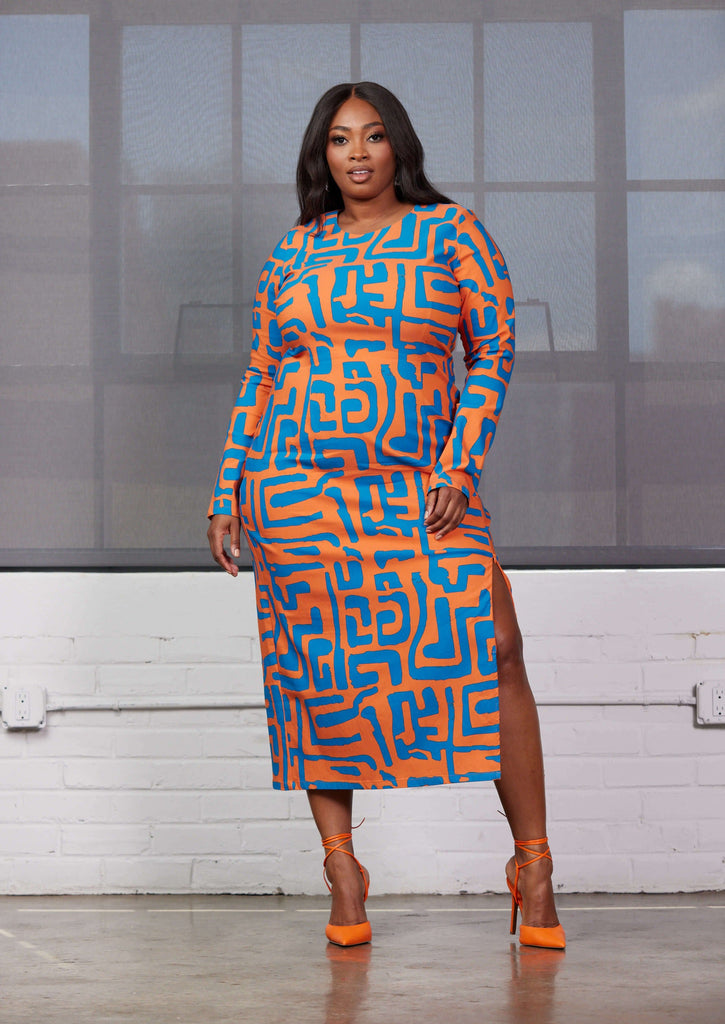 Chidima Women's African Print Stretch Tunic Dress (Orange Blue Geometric)