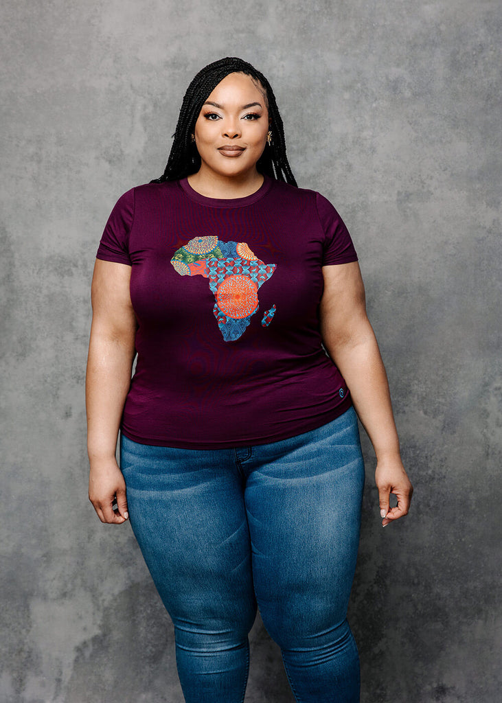 Farai Women's African Print Africa Map T-shirt (Plum/New Harvest Multipattern)