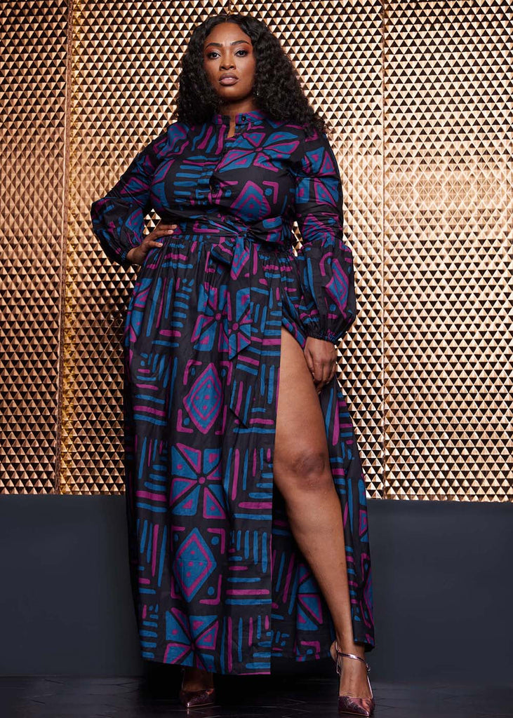 Kimiya Women's African Print Faux Wrap Skirt (Black Teal Tribal)