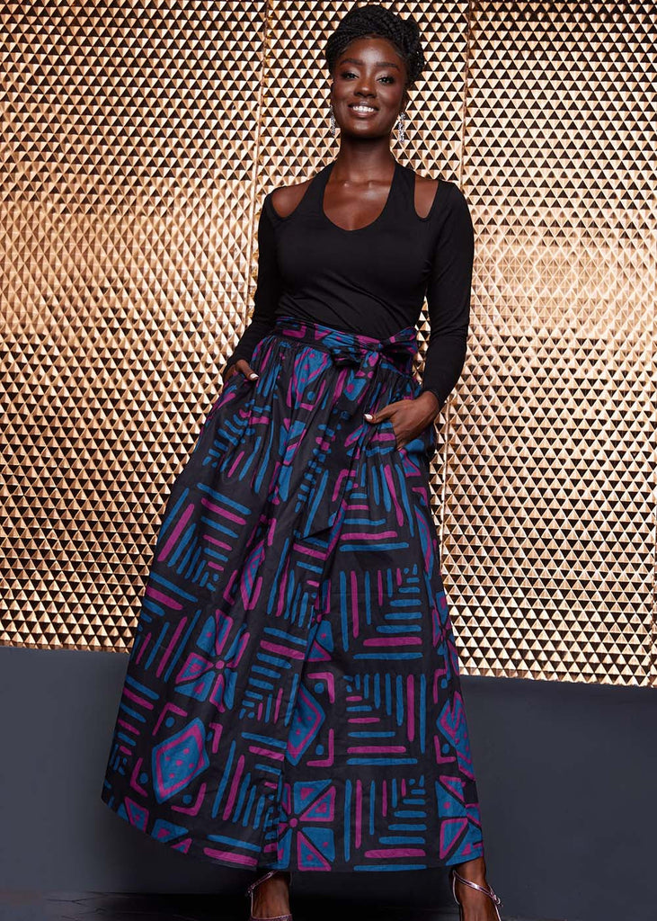 Kimiya Women's African Print Faux Wrap Skirt (Black Teal Tribal)