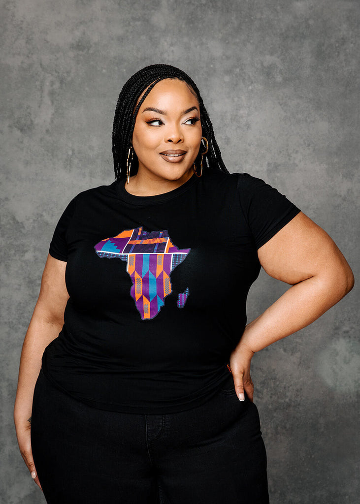 Farai Women's African Print Africa Map T-shirt (Black/Purple Navy Kente)