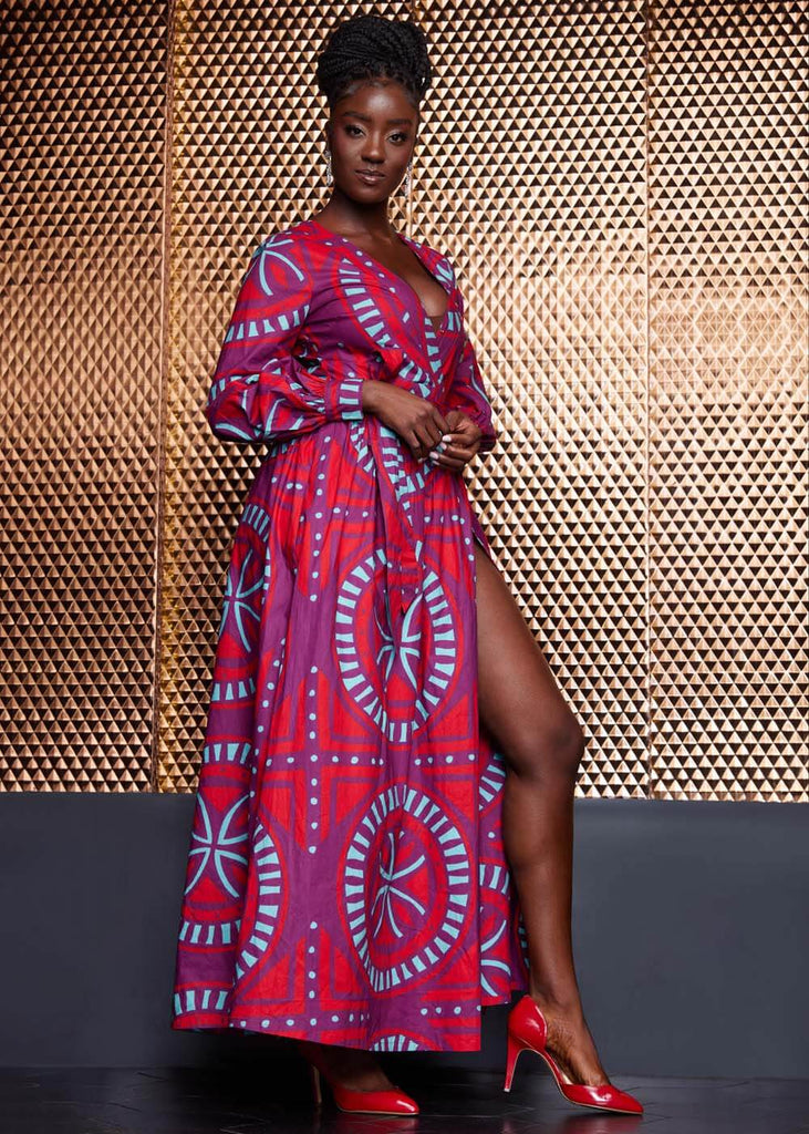 Rehema Women's African Print Maxi Dress (Red Mint Medallion)