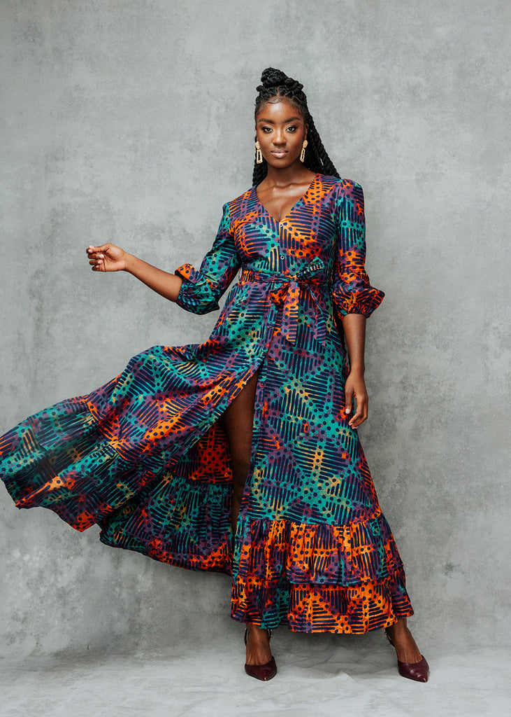 Zendaya Women's African Print Maxi Dress (Jade Amber Adire)