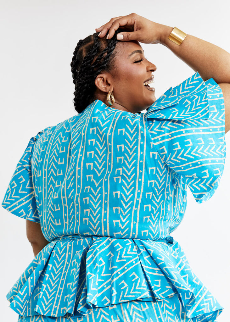 Sankofa Women's African Print Peplum Top (Sky Blue Mudcloth