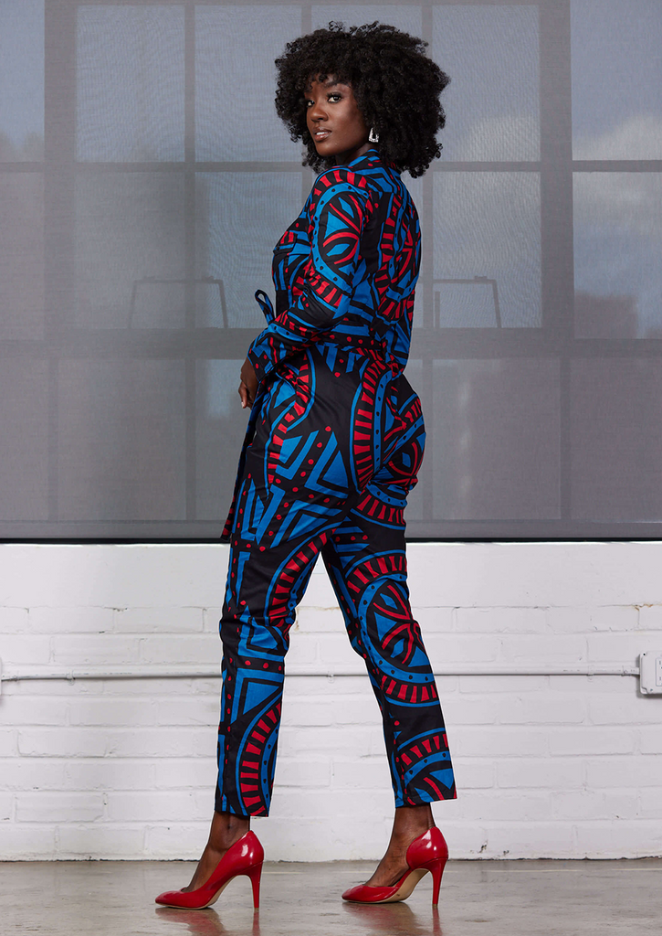 Shoyebi Women's African Print Jumpsuit (Blue Red Tiles)