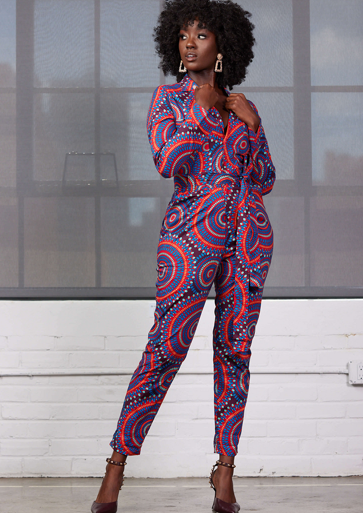 African Print Jumpsuit With Sheer Bell Sleeve Top - Dress Afrika