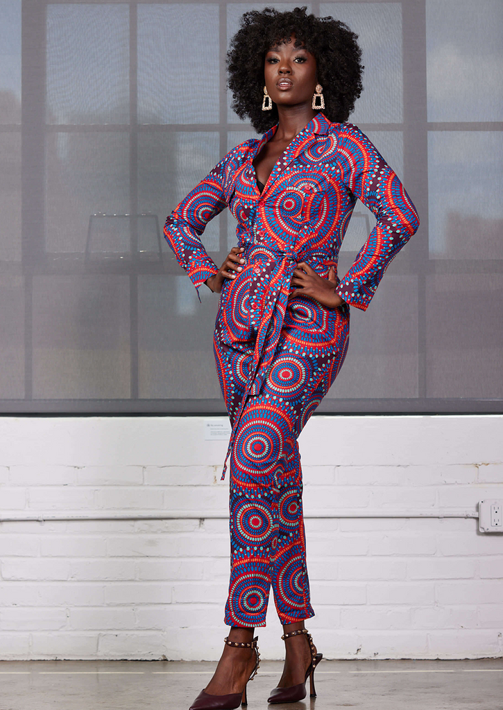 Shoyebi Women's African Print Jumpsuit (Red Indigo Circles)