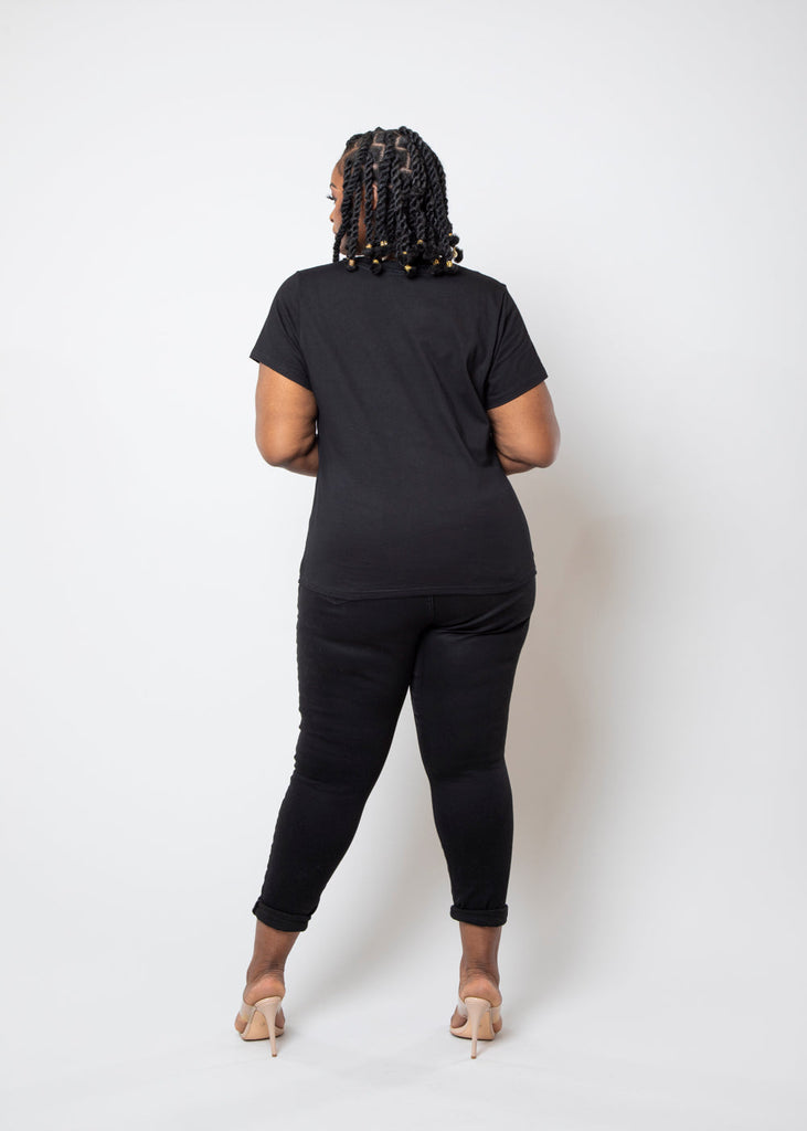 Alikah Women's African Print Color-Blocked Applique T-shirt (Black/Black Red Kente)