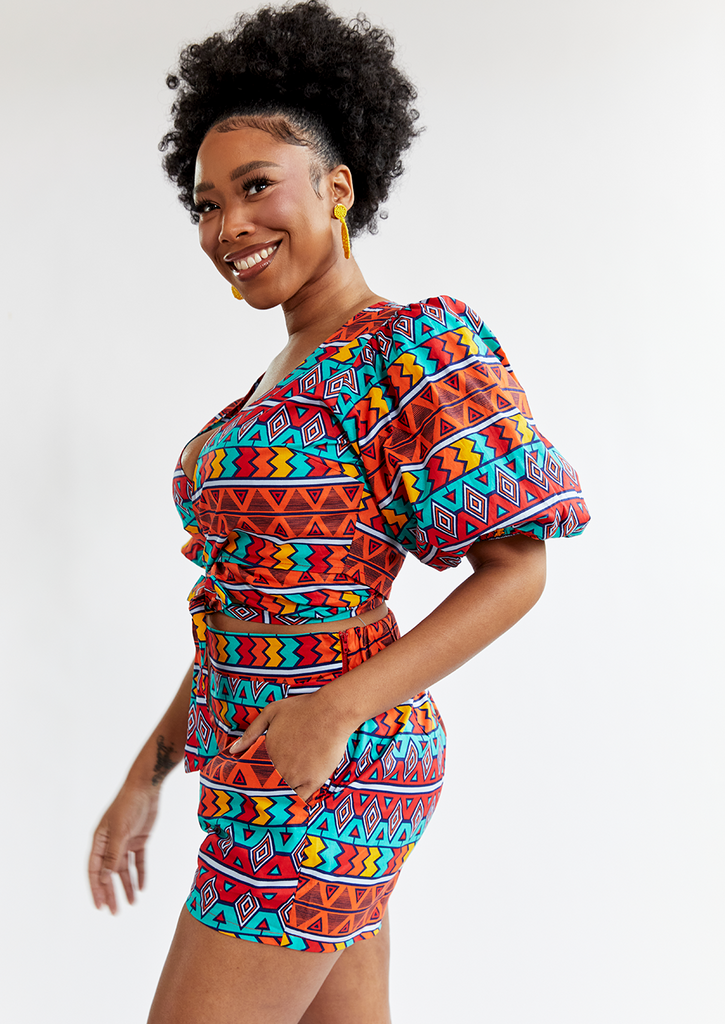 Shanina Women's African Print Tie Top (Rainbow Tribal) - Clearance