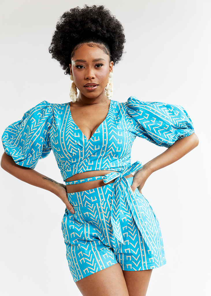 Shanina Women's African Print Tie Top (Sky Blue Mudcloth) - Clearance
