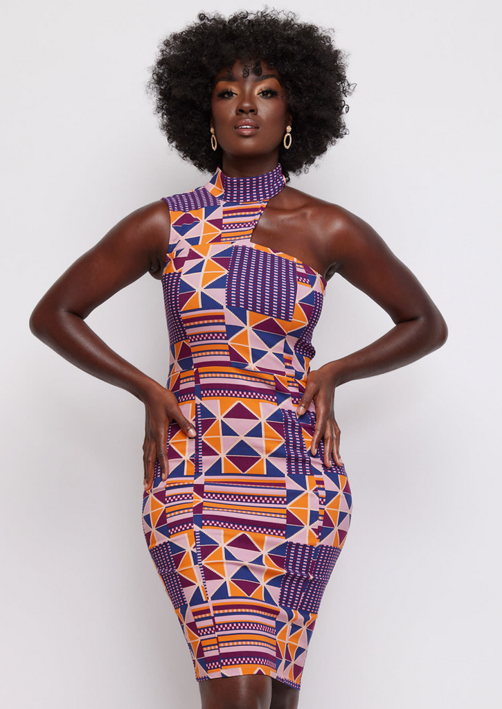 Amaka Women's African Print Stretch Dress (Orange Purple Kente)
