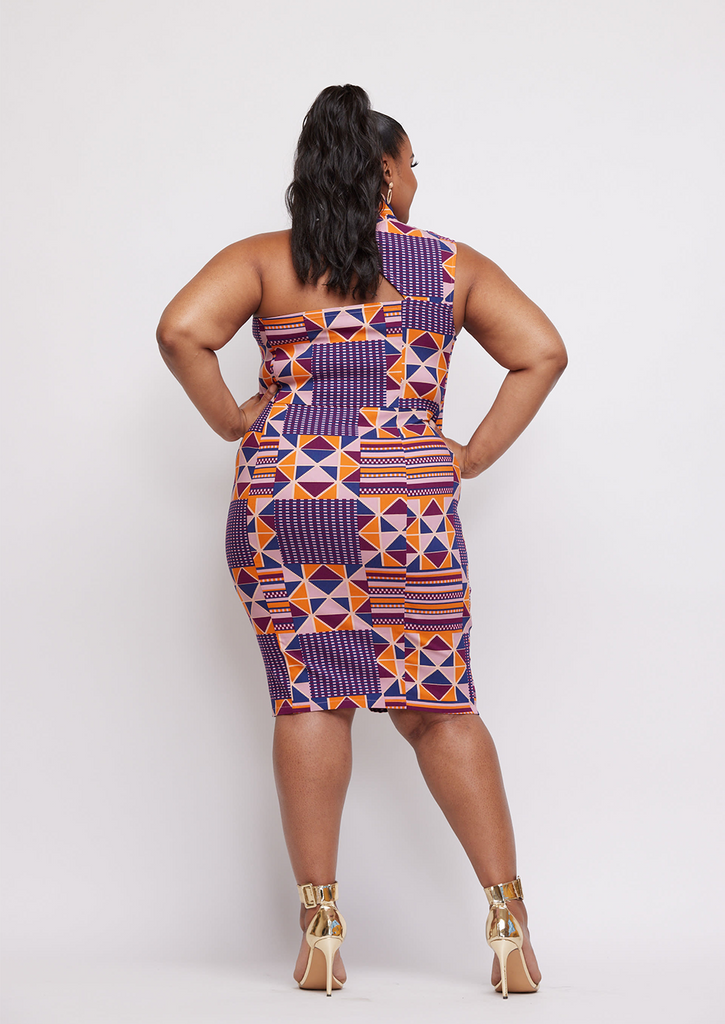 Amaka Women's African Print Stretch Dress (Orange Purple Kente)