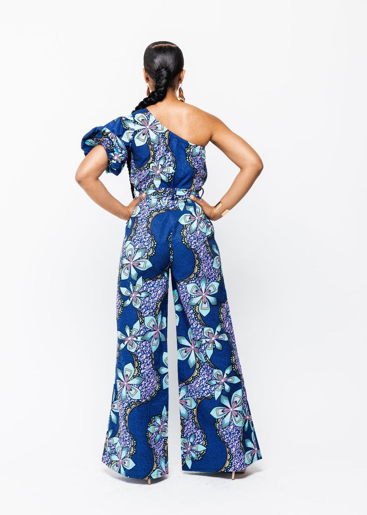 Atunbi Women's African Print One-Shoulder Jumpsuit (Light Blue Pink Iris)