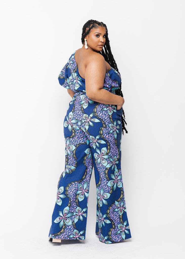 Atunbi Women's African Print One-Shoulder Jumpsuit (Light Blue Pink Iris)