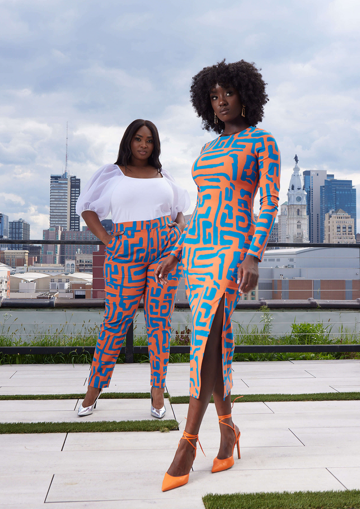 Chidima Women's African Print Stretch Tunic Dress (Orange Blue Geometric)