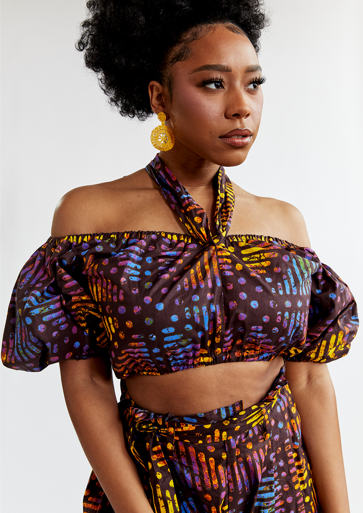 Farasha Women's African Print Tie Crop Top (Sunset Adire) - Clearance