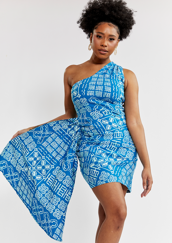 Hana Women's African Print Stretch Dress (Cool Blue Adire) - Clearance