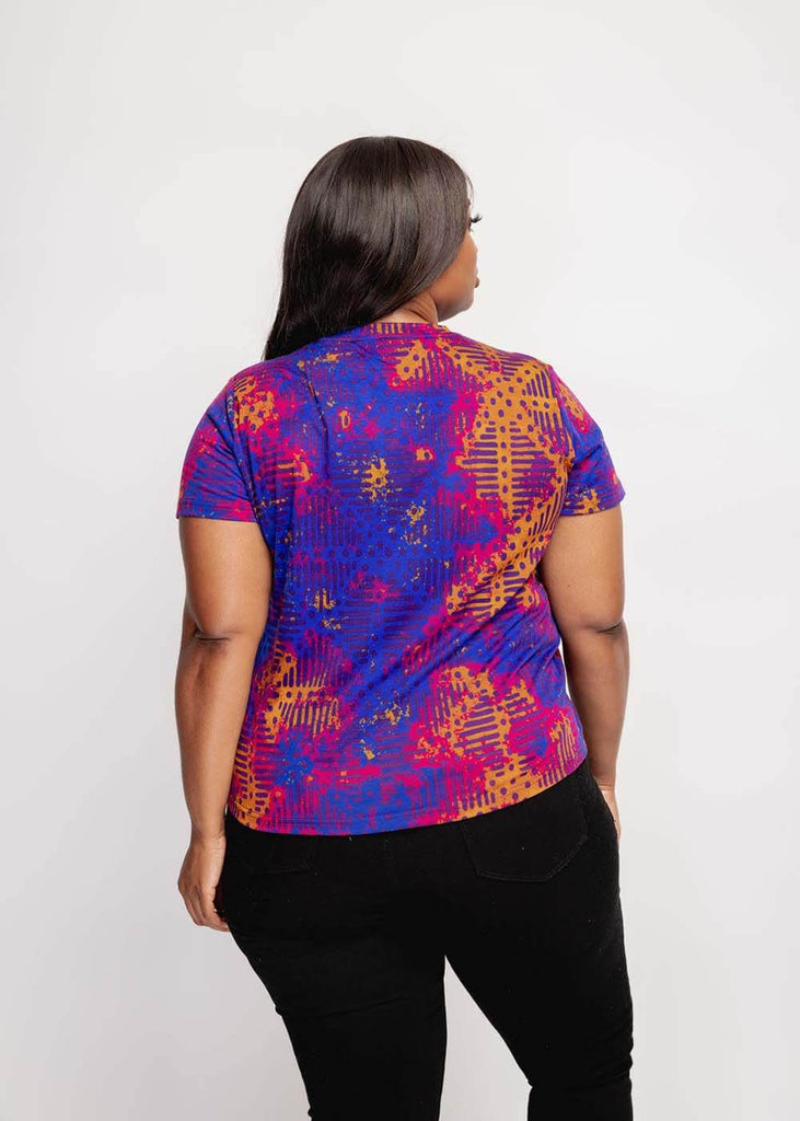 Inafa Women's African Print T-Shirt (Violet Adire)