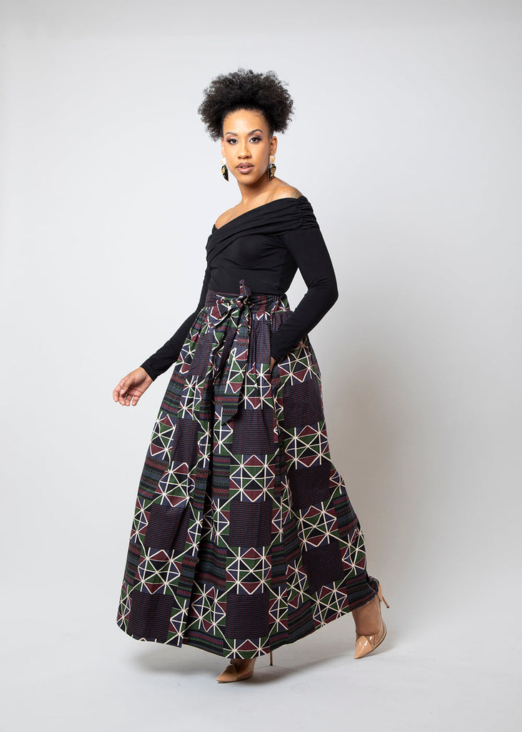 Kimiya Women's African Print Faux Wrap Skirt (Black Red Kente) -Clearance