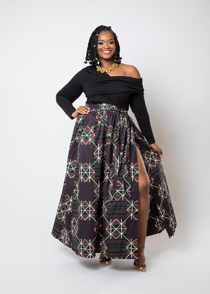 Kimiya Women's African Print Faux Wrap Skirt (Black Red Kente) -Clearance
