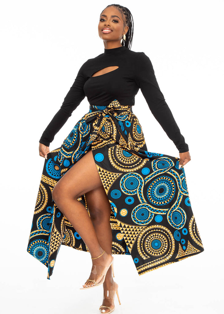 Kimiya Women's African Print Faux Wrap Skirt (Blue Mandala) -Clearance