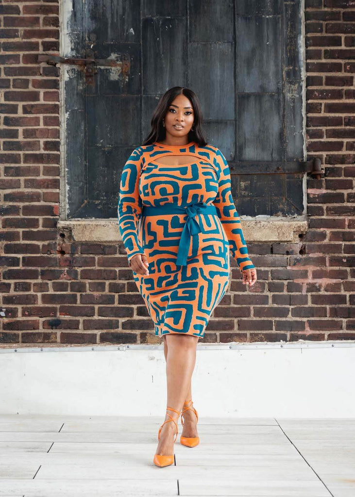 Marah Women's African Print Sweater Dress (Orange Blue Geometric)