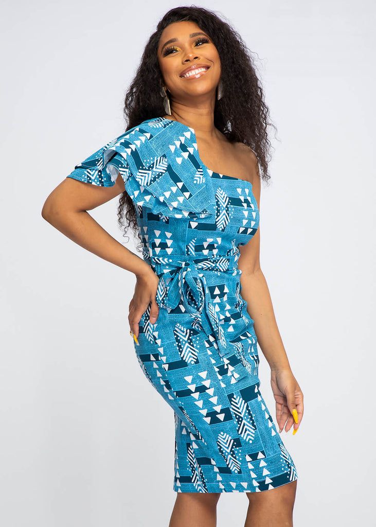 Mojaji Women's African Print One-Shoulder Fitted Dress (Navy White Mudcloth)
