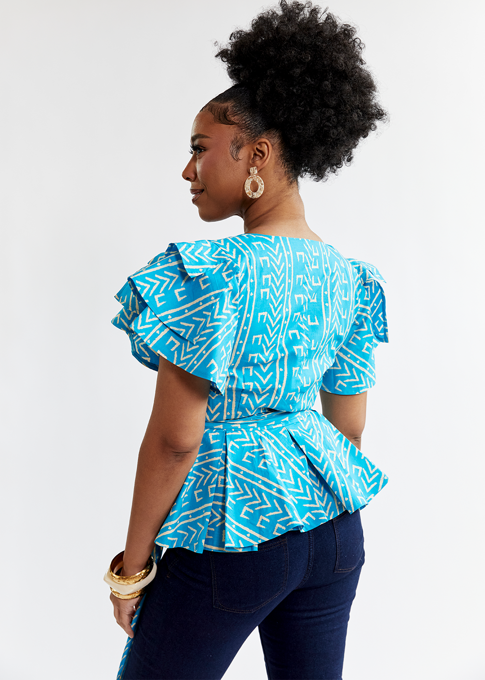 Sankofa Womens African Print Peplum Top Sky Blue Mudcloth Clearan Punovo