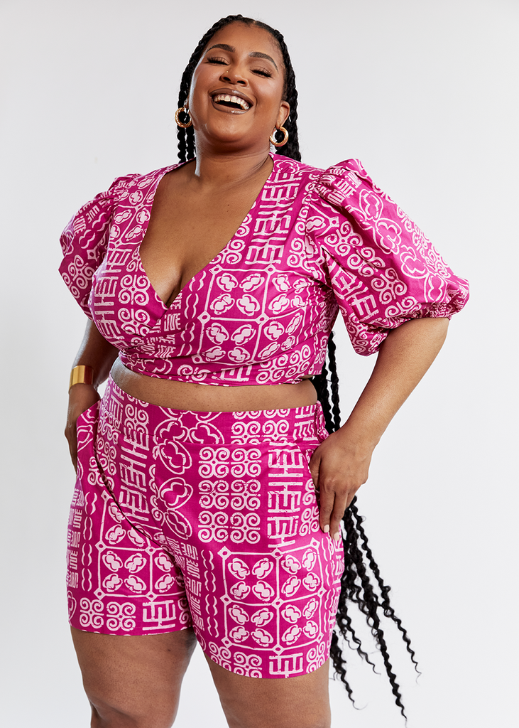 Shanina Women's African Print Tie Top (Raspberry Adire) - Clearance