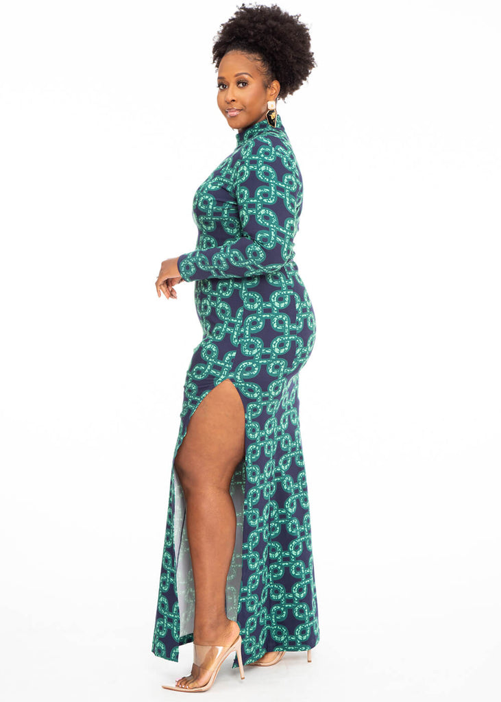 Ayaba Women's African Print Stretch Gown (Green Adinkra)
