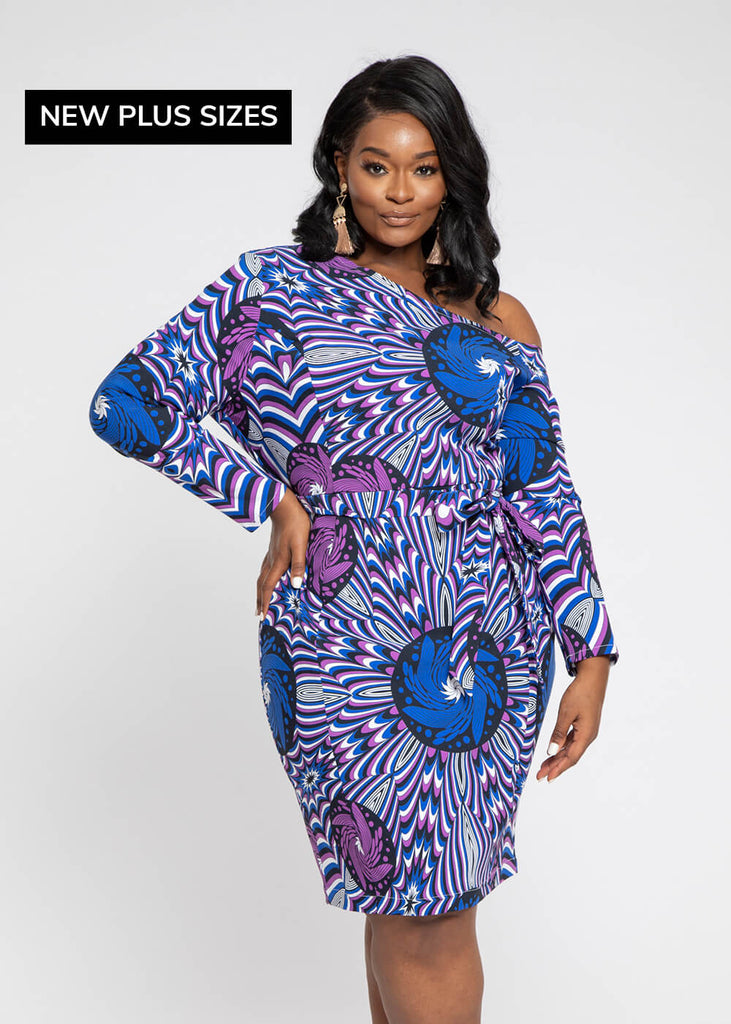Chidima Women's African Print Stretch Midi Dress (Orange Blue