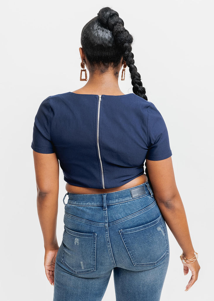 Juma Women's African Print Stretch Short Sleeve Crop Top (Navy)- Clearance