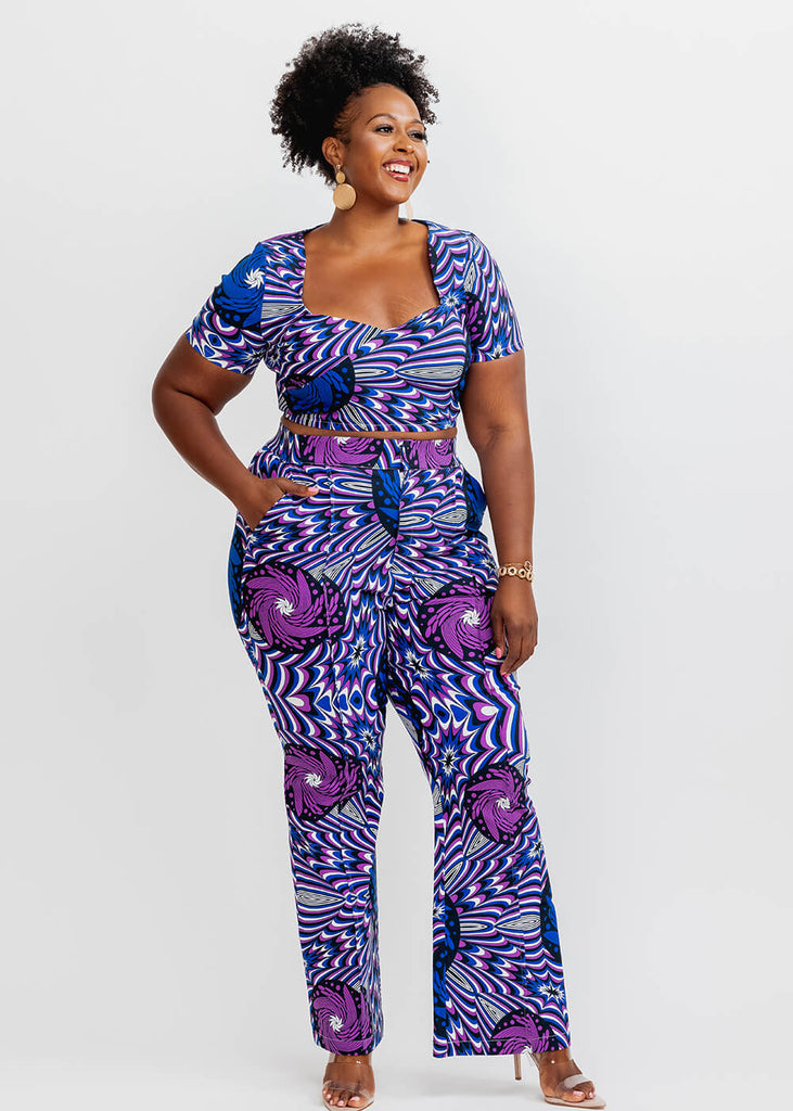 Juma Women's African Print Stretch Short Sleeve Crop Top (Purple Blue Flowers)- Clearance