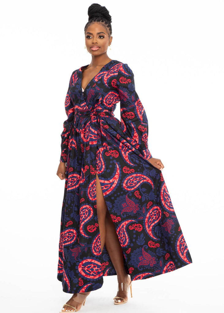 Rehema Women's African Print Maxi Dress (Black Maroon Paisley)