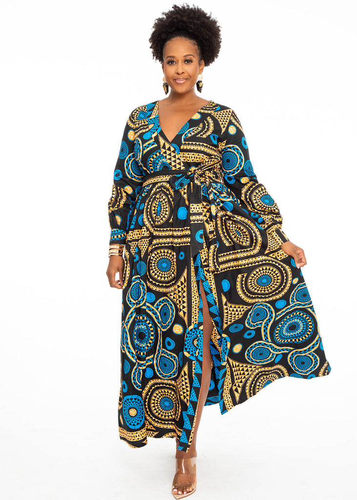 Rehema Women's African Print Maxi Dress (Blue Mandala)