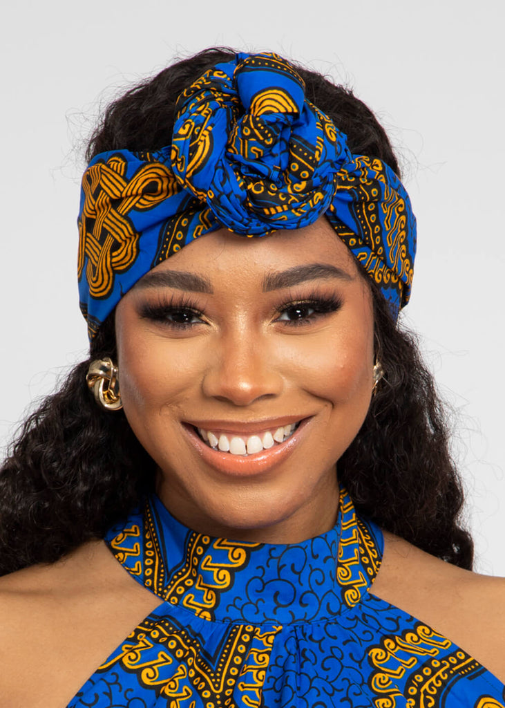 African Print Head Wrap/Scarf (Gold Blue Motif) - Clearance