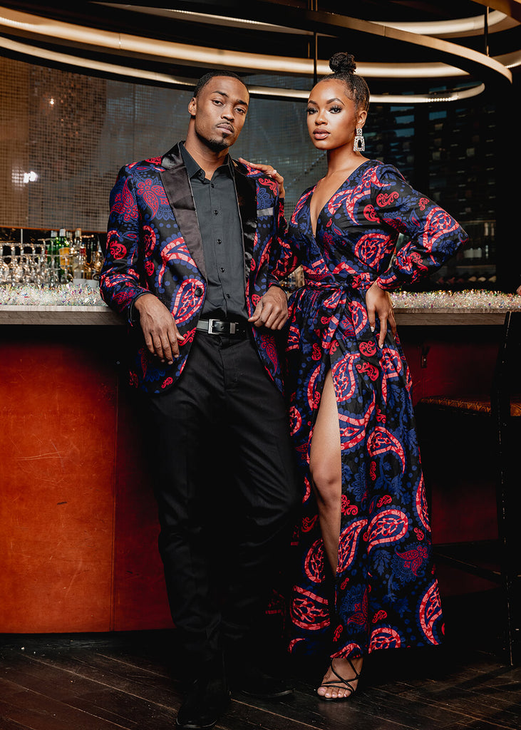 Rehema Women's African Print Maxi Dress (Black Maroon Paisley)